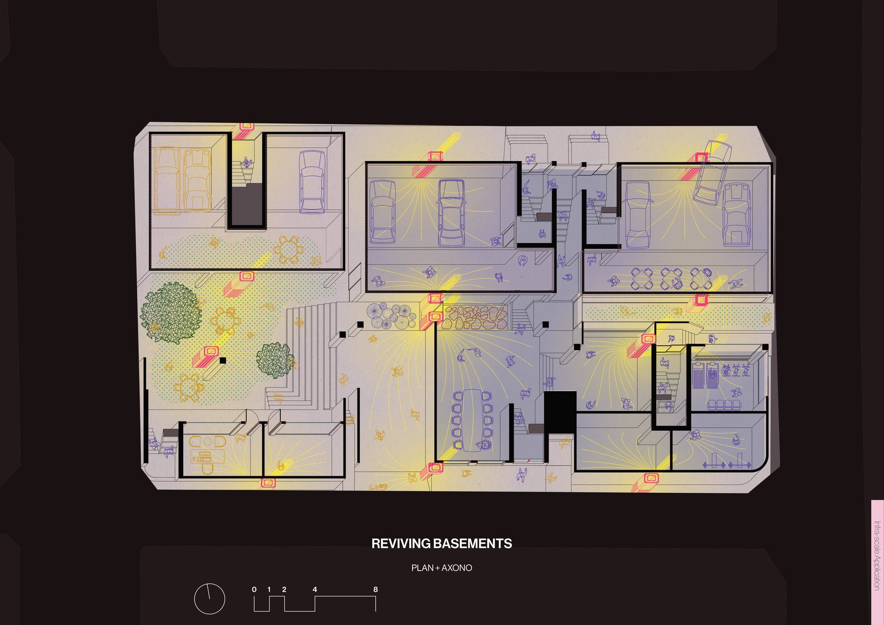 Composite plan of the applied block — exhaust modules, cool-air zoning, garden planting, public and private zones, and revived basements drawn on one drawing