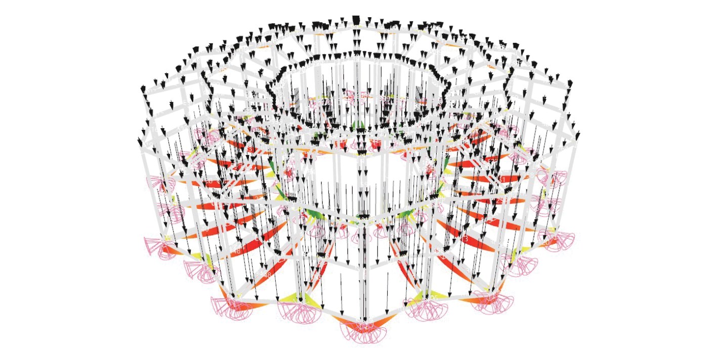 Structural analysis of the whole assembled ring — folded modules under vertical load, with member stresses coloured and reaction arrows at every foundation point