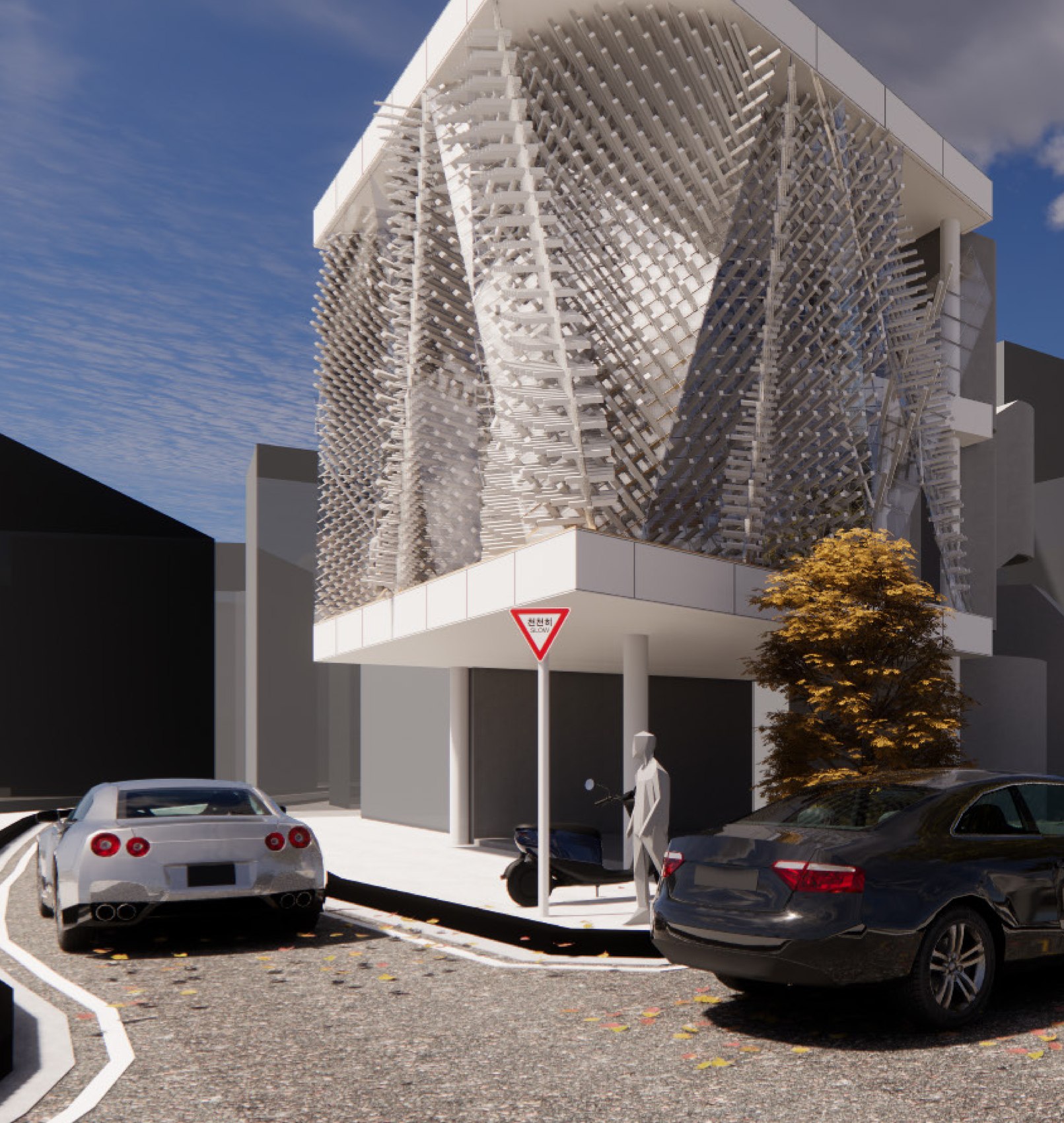Street-level render of the VEF House — a dense lattice of angled sticks wrapping the upper floors, with voids carved through it